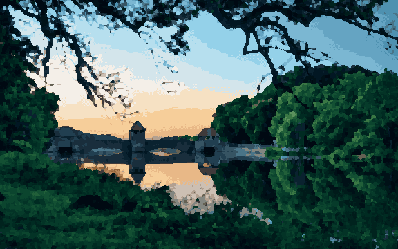 Sunset Bridge Over Calm River — pixel art version