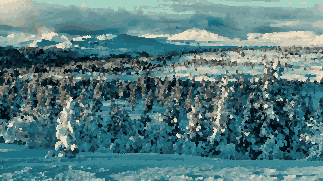 A snow covered field with trees and mountains in the background, pixel art
