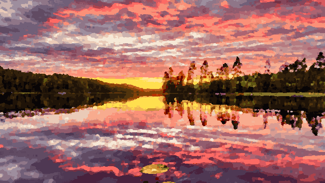 Lake Sunset With Pink Clouds And Reflection — pixel art version