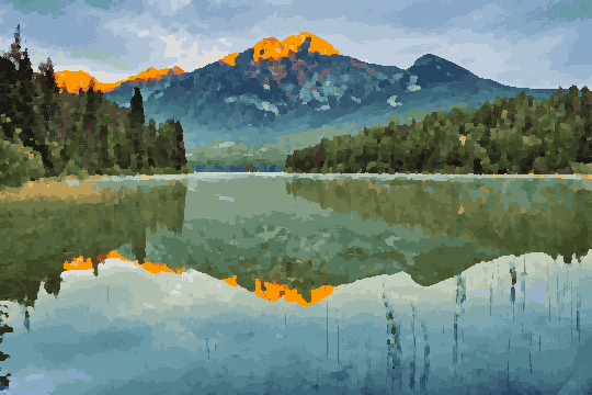 A stunning view of a mountain range reflected in a tranquil lake surrounded by lush green grass and trees, pixel art