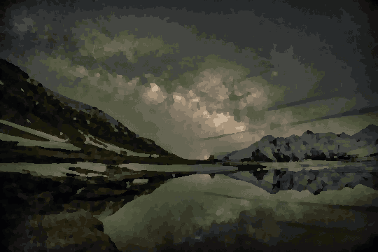 A stunning night sky filled with stars, illuminated by the milky way, over a mountain range with a body of water in the foreground, pixel art