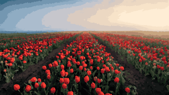 A field of vibrant red tulips at sunset, with the sky in the background illuminated in a beautiful array of oranges, pinks, and purples, pixel art
