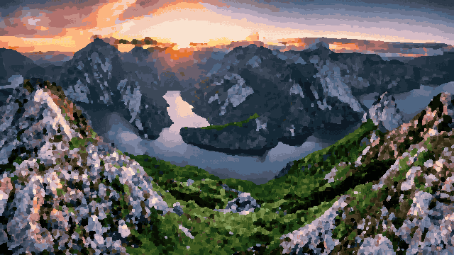 A stunning sunset over a mountain range with a lake in the foreground, surrounded by lush green grass and rolling hills, pixel art