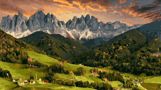 A small village nestled in the Dolomites, Italy, surrounded by lush green grass, trees, and houses, pixel art