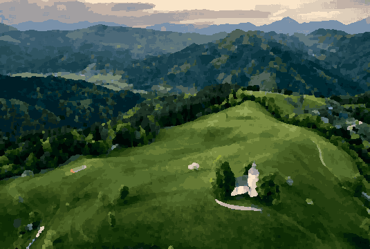 Aerial View Of Forest House In Green Valley — pixel art version