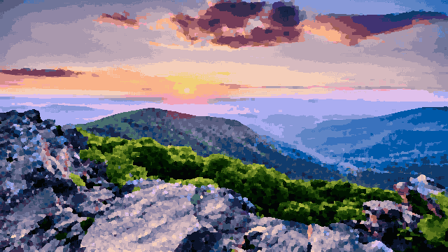 A stunning view from the top of a mountain at sunset, with trees and rocks in the foreground and hills in the background, pixel art