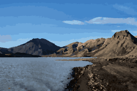 Lake Surrounded By Mountains And Clouds — pixel art version
