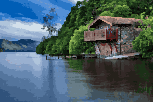 A boathouse on the shore of a lake, surrounded by trees and hills in the background, pixel art
