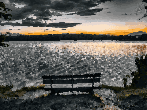 Lake Bench At Sunset With Orange Sky — pixel art version