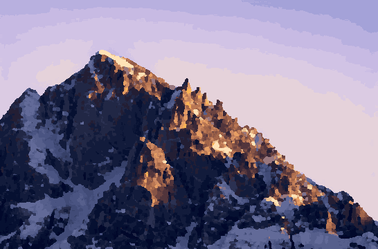 A snow-covered mountain with a blue sky in the background, pixel art