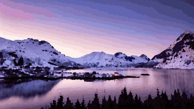 A small town nestled in the middle of a body of water, surrounded by snow-covered mountains in the background, pixel art