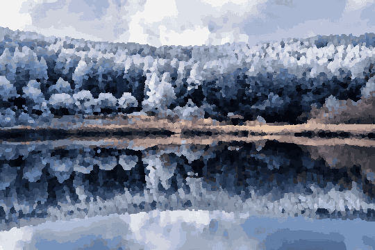 A lake surrounded by trees covered in snow, with the sky in the background filled with clouds, pixel art