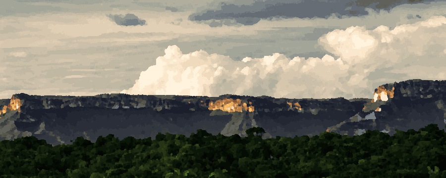 A view of a mountain range from the top of a hill, with trees in the foreground and a sky with clouds in the background, pixel art