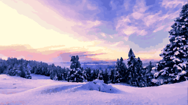 A snow covered field with trees in the background, illuminated by a beautiful sunset, pixel art