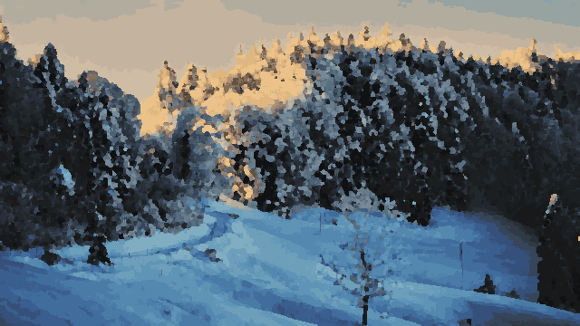 Snowy Hillside Sunset With Pine Trees pixel art wallpaper