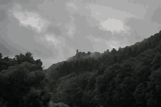 A black and white photo of a hillside covered in trees, with a cloudy sky in the background, pixel art
