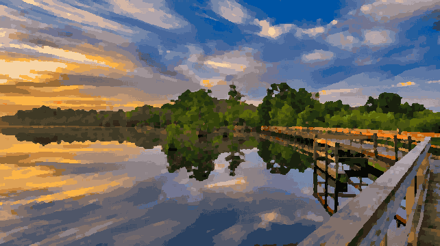 Wooden Bridge Over Forest Lake At Sunrise — pixel art version