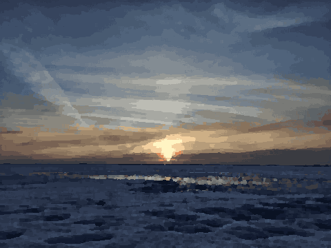 A beautiful sunset over the ocean with the sun setting in the background, casting a warm orange glow over the snow-covered ground, pixel art