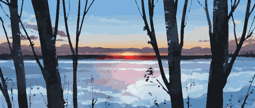 Birch Trees Silhouetted Against Snowy Sunset — pixel art version