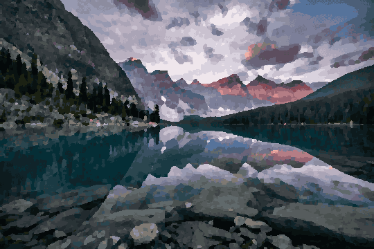 A stunning view of Moraine Lake in Banff National Park, Alberta, Canada, pixel art