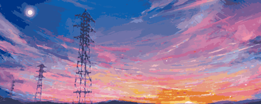 Sunset Sky With Electric Tower Silhouette — pixel art version