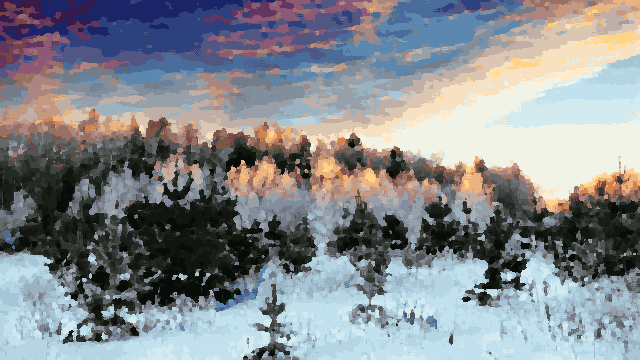 Snowy Pine Forest Sunset Glow — pixel art version