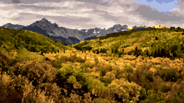 A stunning view of the Grand Teton National Park in Wyoming, with trees, plants, grass, and mountains in the foreground, and a sky with clouds in the , pixel art