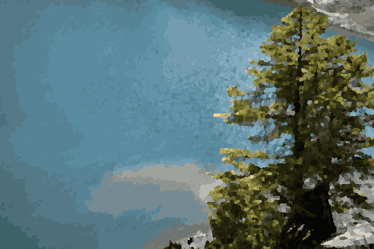 A large body of water with a tree in the middle of it, surrounded by rocks and other objects, pixel art