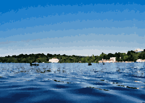 A body of water with a few boats on it, surrounded by trees and buildings in the background, and a clear blue sky above, pixel art