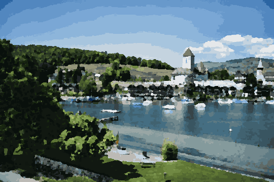 A picturesque lakeside with boats docked in the water, surrounded by lush green grass, plants, trees, and a fence, pixel art