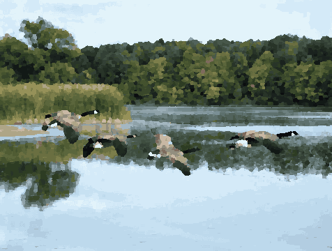 Geese Flying Over Lake With Tree Reflections — pixel art version
