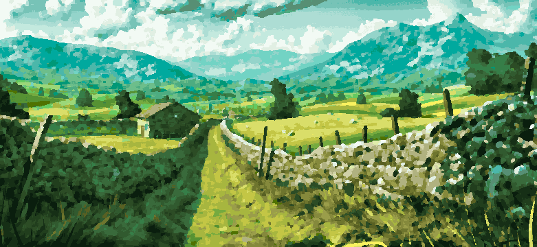 A painting of a country road winding through a lush green field, with a stone wall running alongside it, pixel art