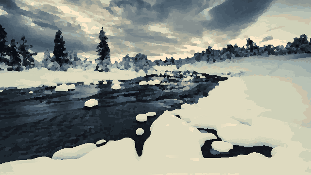 Winter River Sunset Snow Covered Forest — pixel art version
