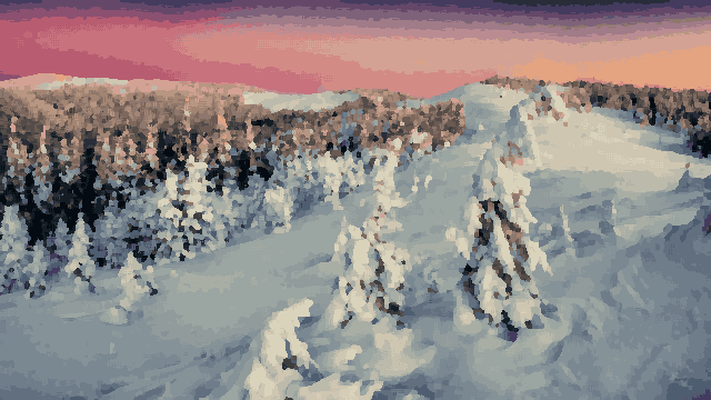 Snow Covered Mountain Sunset Glow — pixel art version