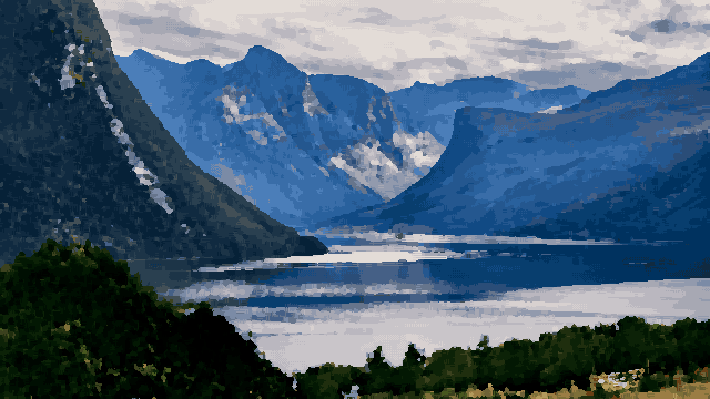 Mountainous River Landscape With Clouds — pixel art version