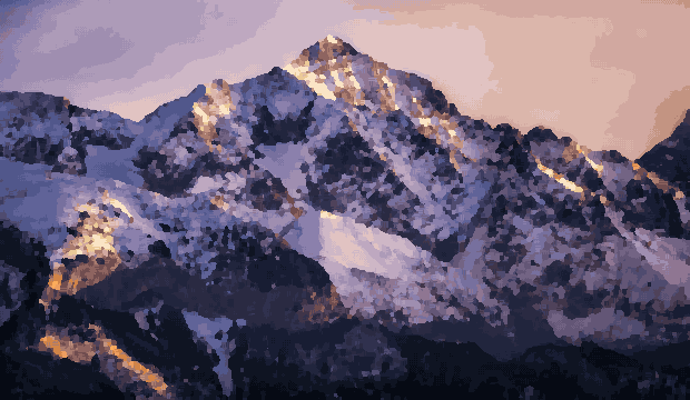 Snowy Mountain Sunset With Warm Sky Glow pixel art wallpaper