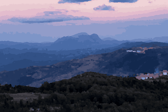 Sunset View Of Small Town In Mountains pixel art wallpaper