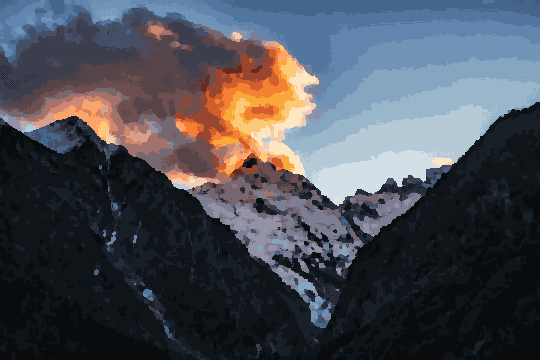 A majestic mountain range with snow-capped peaks and a large plume of smoke rising from the top of one of the peaks, pixel art