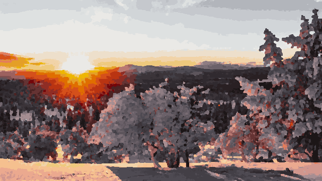 A beautiful winter scene of a snow-covered field with trees in the foreground and mountains in the background, pixel art