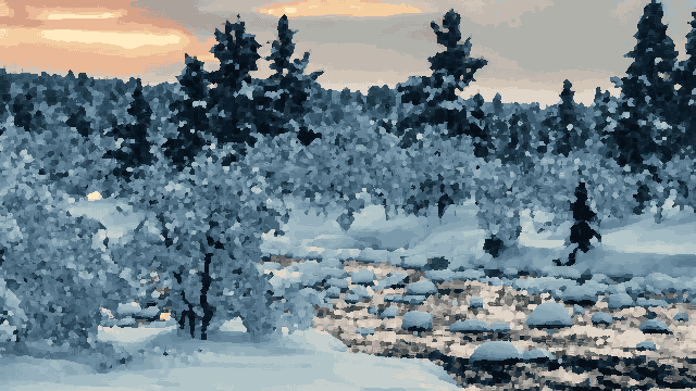 Snowy Forest Sunset With Pine Trees pixel art wallpaper