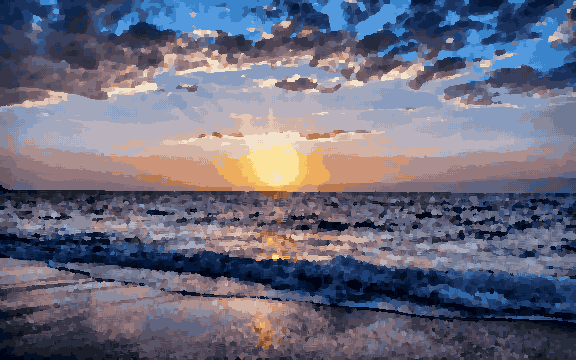A beautiful sunset over the ocean with the sun setting in the background, casting a warm orange glow over the water and sand, pixel art