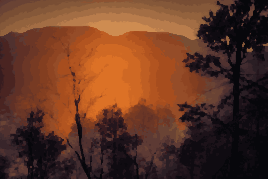Sunset Over Mountains With Silhouetted Trees — pixel art version