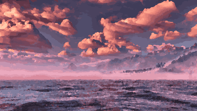 Ocean Sunset With Mountain Horizon — pixel art version