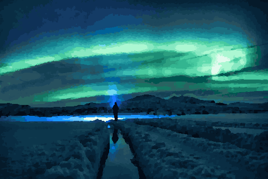 A person standing in the middle of a snowy field, surrounded by hills and illuminated by the vibrant aurora borealis, pixel art