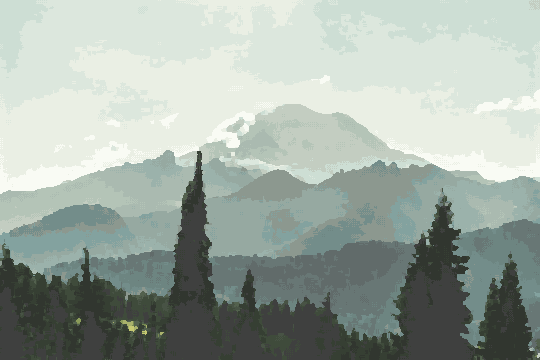 A majestic view of a mountain range with trees in the foreground and a sky filled with clouds in the background, pixel art