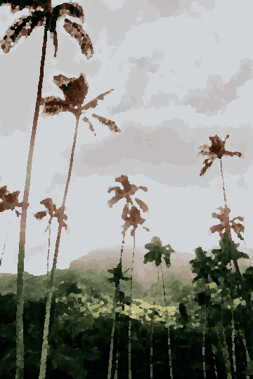 A lush green forest with tall palm trees in the foreground and a mountain in the background, pixel art