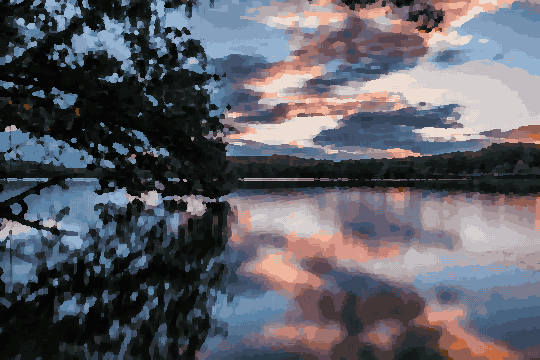 Sunset Lake With Tree Reflections — pixel art version