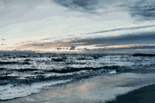 Ocean Waves Crashing On Golden Beach At Sunset — pixel art version