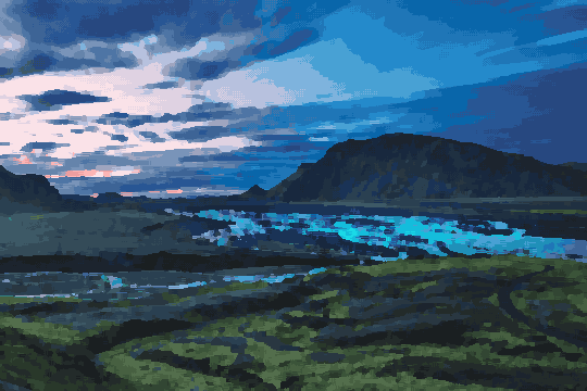 A river running through a lush green valley with mountains in the background, illuminated by the setting sun, pixel art