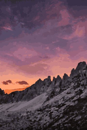 A mountain range with a pink sky in the background, illuminated by the setting sun, pixel art